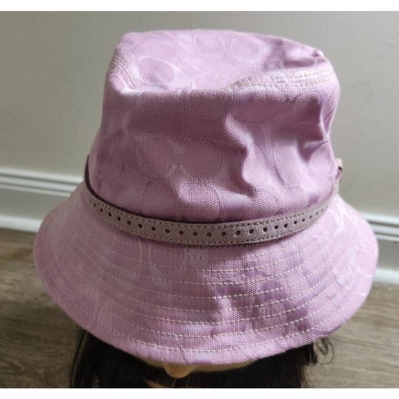 Vintage Coach Women S Pink Bucket Leather Strap Hat Signature CC Jacquard Y2K - Picture 1 of 12